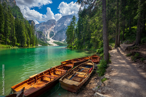 Wooden boat at lake Braies, Southern Tyrol, Dolomites, Italy photo