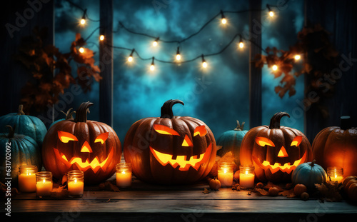 Three Jack-o'-Lanterns on a Spooky Halloween Table