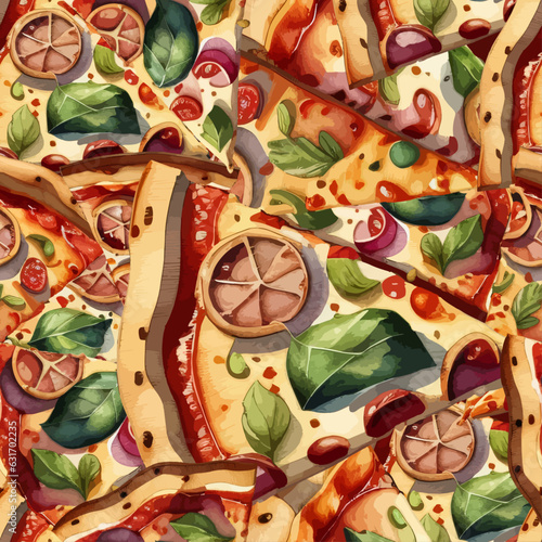 a watercolor seamless pattern with pizza slices and other ingredients