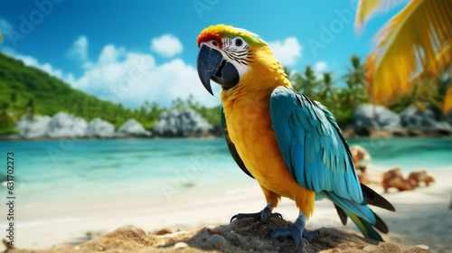 Exotic Feathers: Colorful Blue-and-Yellow Macaw by the Beach