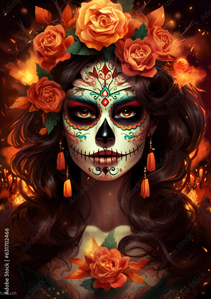 striking brunette with vibrant sugar skull makeup and a profusion of flowers, creating a bold, artistic look.