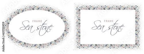 Rectangular and oval frame with beach pebbles or sea stones in various shapes. Border with striped textured sea rock pebbles, isolated on white background. Vector illustration