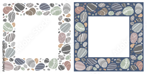 Photography Set of square frame with beach pebbles or sea stones in various shapes