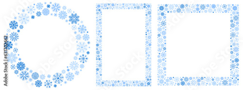 Set of winter frames with snowflakes. Square, rectangle, circle frame. Beautiful for any plain and chic elegance designs, seasonal banners, Christmas and New Year greeting card. Vector illustration