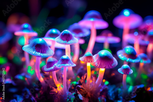 purple mushrooms with glowing pink and orange lights in a dark background.