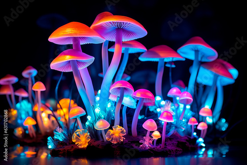 Neon mushrooms on a bright background. Surrealism.