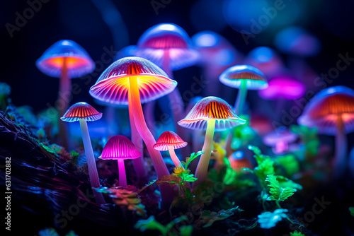 purple mushrooms with glowing pink and orange lights in a dark background. 