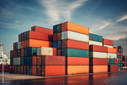 Photo Stack of containers in a harbor, Shipping containers stacked on cargo ship, Back