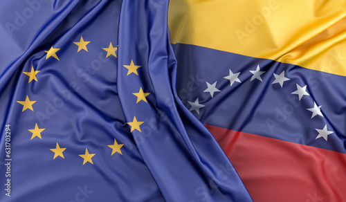 Ruffled Flags of European Union and Venezuela. 3D Rendering