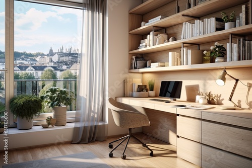 home office nook with a sleek desk, ergonomic chair, and ample natural light, fostering a productive and comfortable workspace - Generative AI