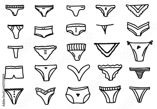 Collection of hand drawn women panties, underwear. Doodle female underpants. Vector illustration for diary, planner, notebook