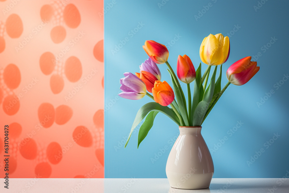 Still life of Spring tulip flowers on colorful background and shapes, aesthetic look