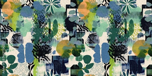 Modern naive collage paper cut out shapes border with fabric effect design. Seamless contemporary fun nature inspired textile print repeat for trendy summer trim designs.