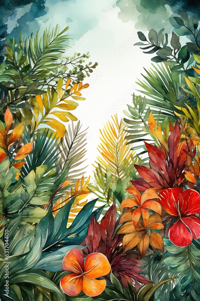 Fototapeta premium Watercolor leaves with empty space on white background, Generated with AIvector graphic ,