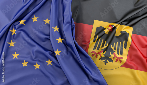 Photography Ruffled Flags of European Union and Germany (with coat of arms)