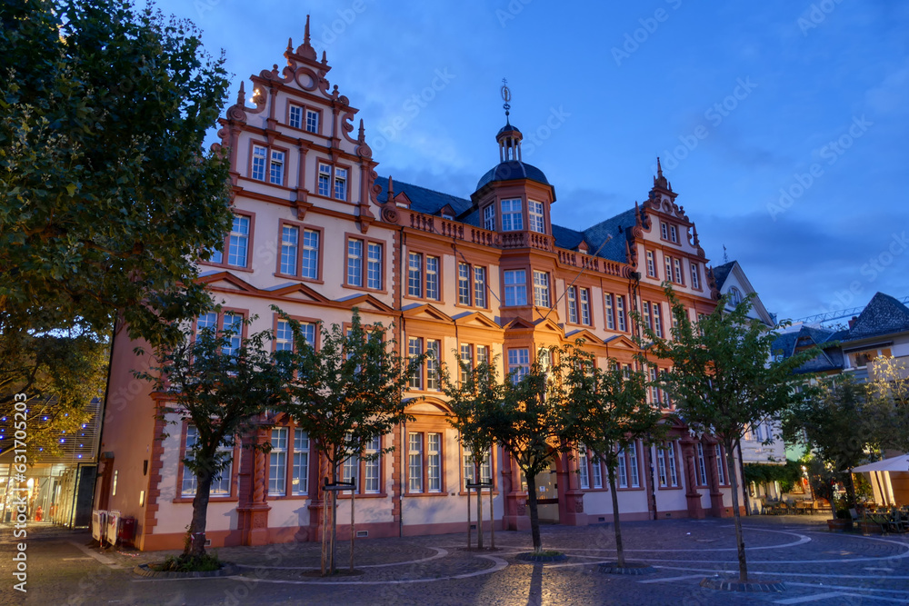Beleuchtetes historisches Museum am Domplatz in Mainz