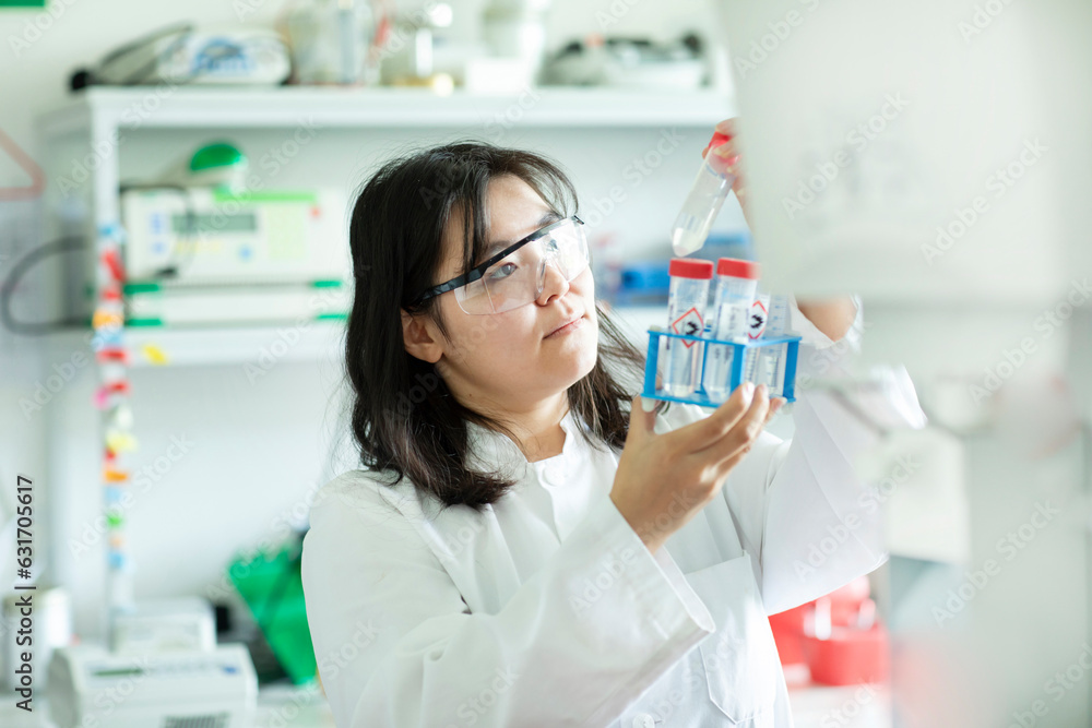 young scientist female controlling a tube of a rack young scientist female controlling a tube of a rack