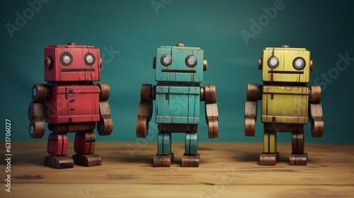 Set of Toy Robots in Wood Sculptor Style, Dark Crimson & Light Azure, Light Green & Indig photo