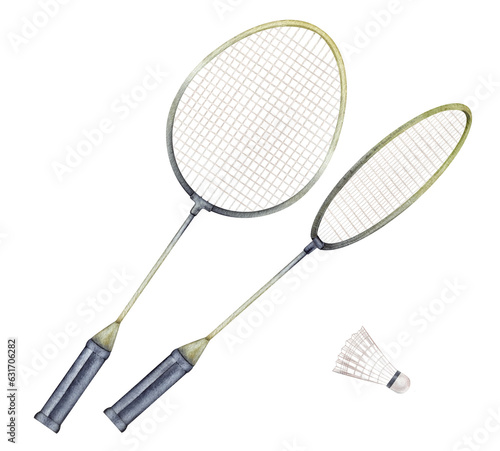 Badminton racket and shuttlecock watercolor illustration. Hand drawn and isolated on a white background. Athletic lifestyle  sport design.