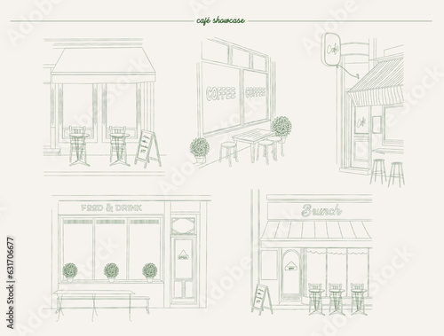 Сollection of cafe windows in sketch style. Editable vector illustration. photo