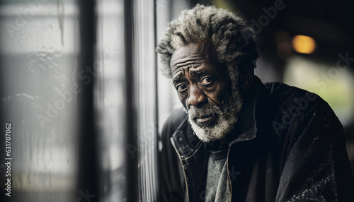 A homeless man leaning against a window photo