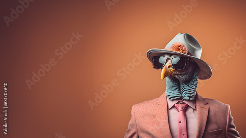 Cool turkey portrait at studio, suit, bird, funny, isolated