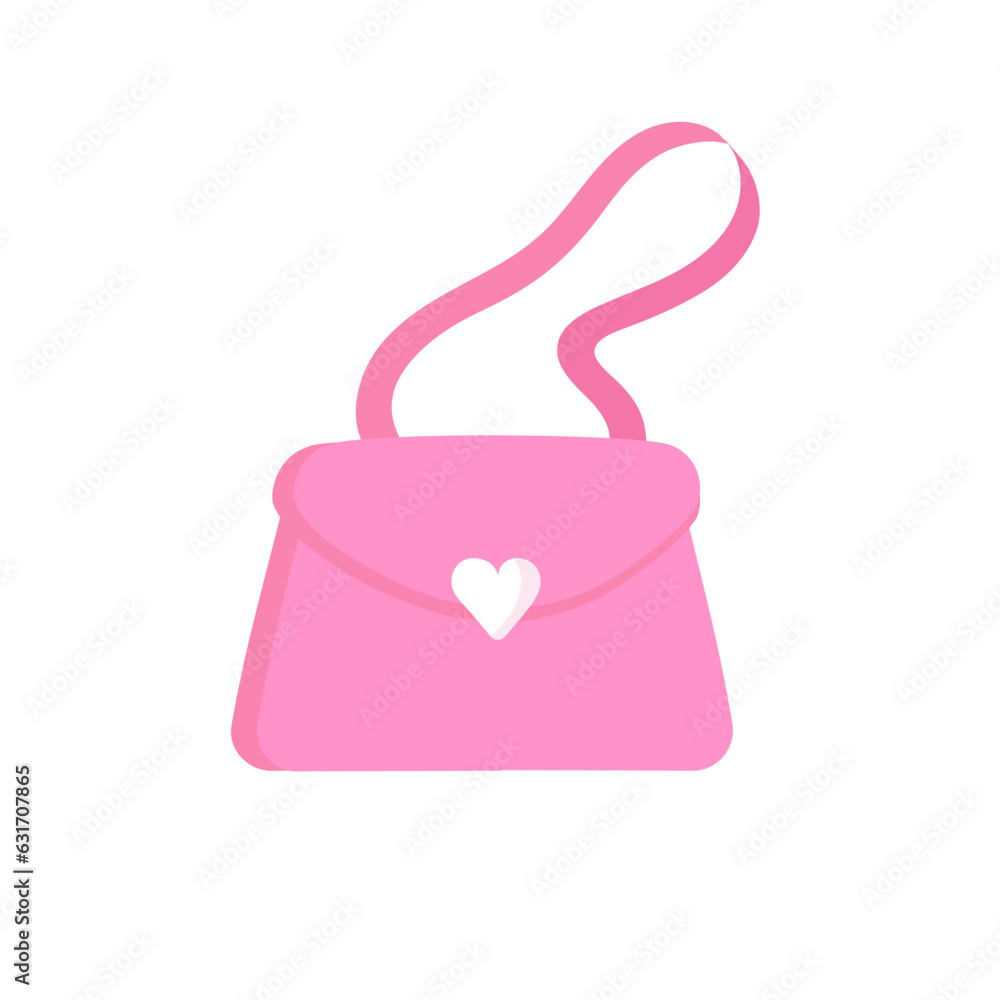 Pink handbag. Lovely handbag with strap and heart shaped clasp. Hand bag with a heart. Barbie bag. Vector illustration in flat style Pink handbag. Lovely handbag with strap and heart shaped clasp. Hand bag with a heart. Barbie bag. Vector illustration in flat style