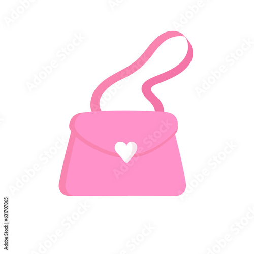 Pink handbag. Lovely handbag with strap and heart shaped clasp. Hand bag with a heart. Barbie bag. Vector illustration in flat style