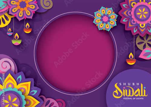 Happy Diwali celebration background. banner design decorated with illuminated oil lamps on patterned background. vector illustration design