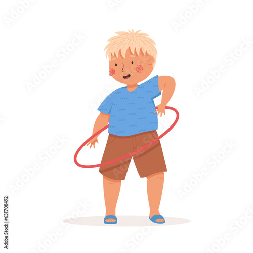 Happy little boy spinning a hula hoop. Vector illustration. Summer activities. Children playing outside. Funny character. Isolated on a white background