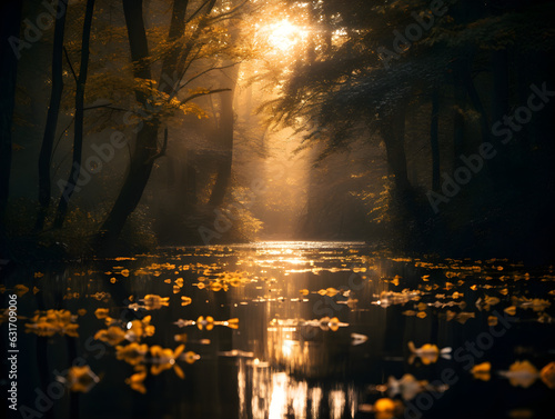 Autumn forest, golden leaves, fall concept, sunlight