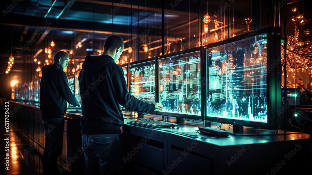 Individuals in a dimly lit server room, engaged in technical activities with a cool color palette Individuals in a dimly lit server room, engaged in technical activities with a cool color palette