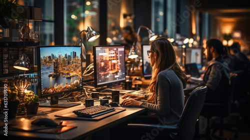 Diverse group coding in an office, engaged in typing and debugging with a modern setting