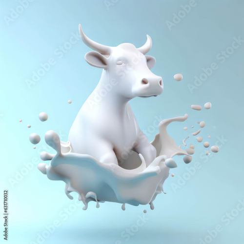 3D Ai Render of A Happy Cow Jumping in Milk Splash