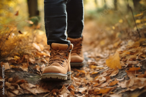 Close up of feet in hiking boots walking through autumn forest