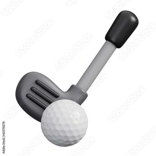 Golf club stick and ball isolated. Sports, fitness and game symbol icon. 3d Render illustration.