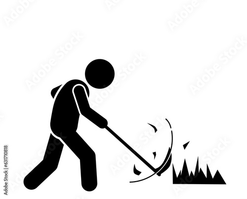 illustration and icon stick figure,stickman,pictogram lawn mowing, lawn mover. mowing the grass