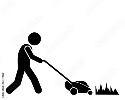 illustration and icon stick figure,stickman,pictogram lawn mowing, lawn mover. mowing the grass