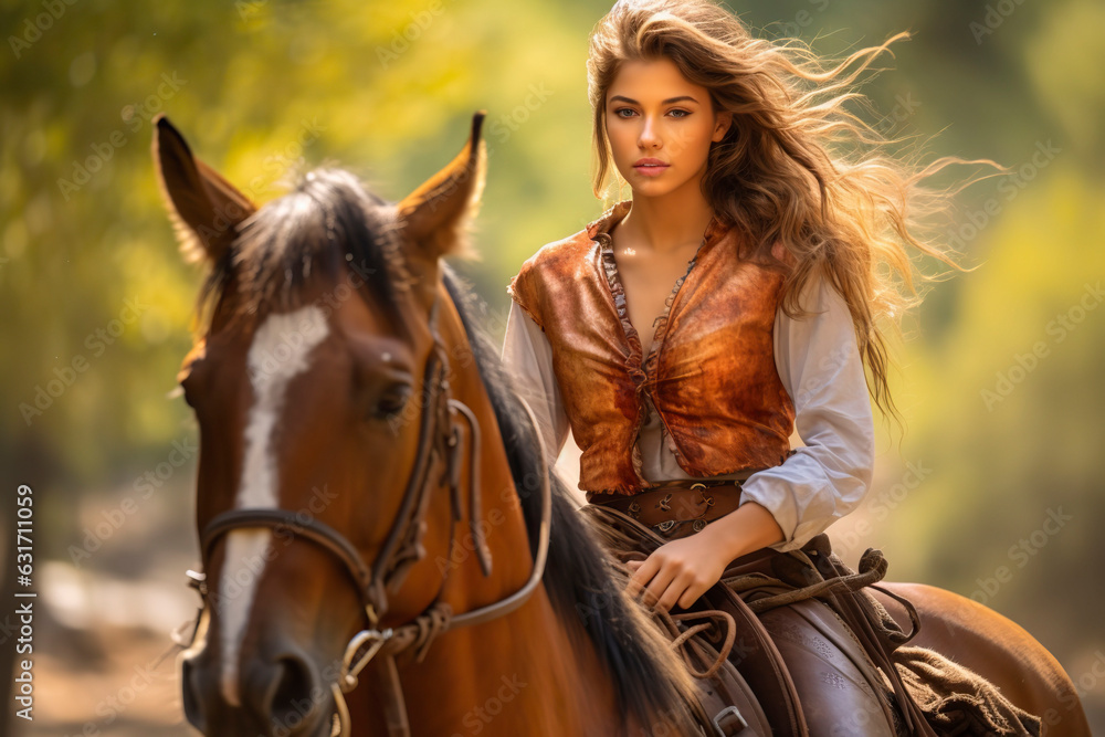 Fototapeta premium A woman rides a horse.