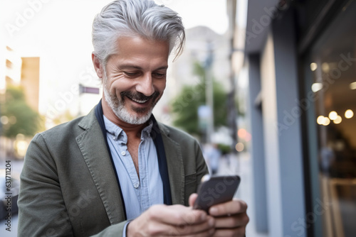 Mature professional caucasian businessman holding smartphone. AI 