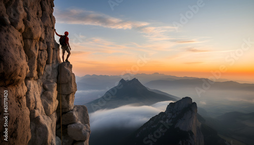 A person climbing a high mountain, surrounded by majestic mountain scenery, symbolizing the spirit of adventure and courage