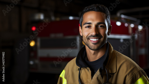 Tableau sur toile First Responder Firefighter, Hispanic Man Standing in Fire Station, Fire Engine
