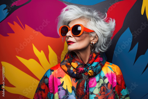 Portrait of a mature smiling woman who looks young, with gray hair on a colored background, similar to modern models for the style of music, parties and stylish fashion shows, wearing on sunglasses  © Hope