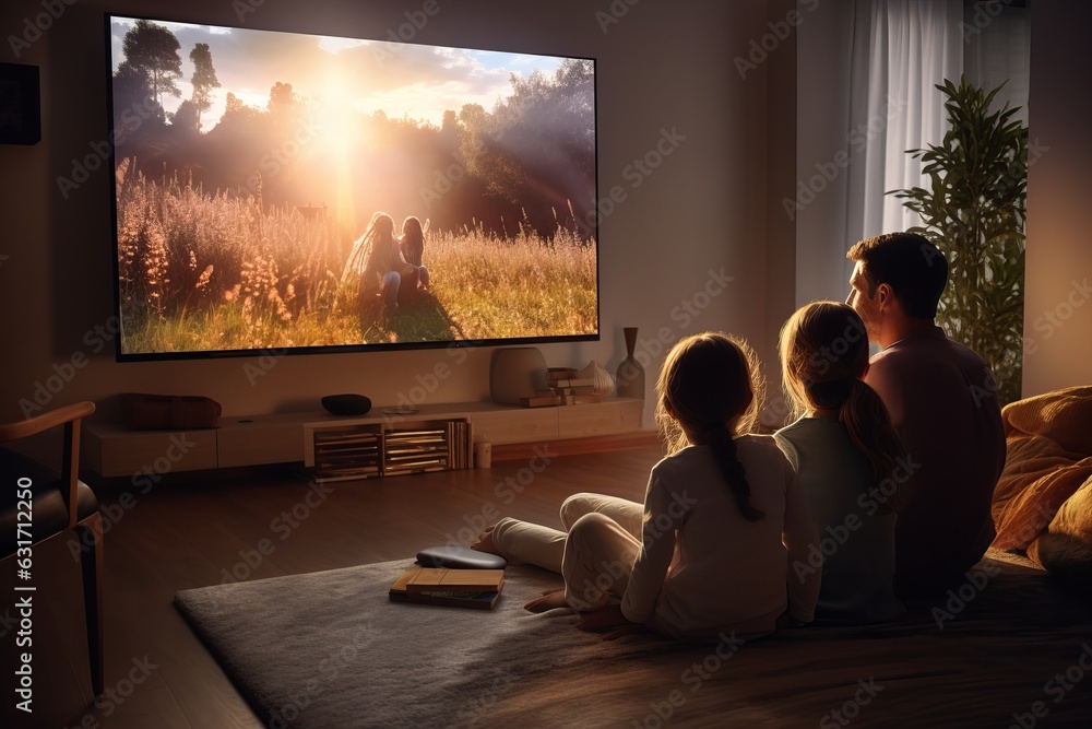 a family sitting in front of a huge flat screen television in the living-room in the evening watching a movie spending leisure time together a family sitting in front of a huge flat screen television in the living-room in the evening watching a movie spending leisure time together