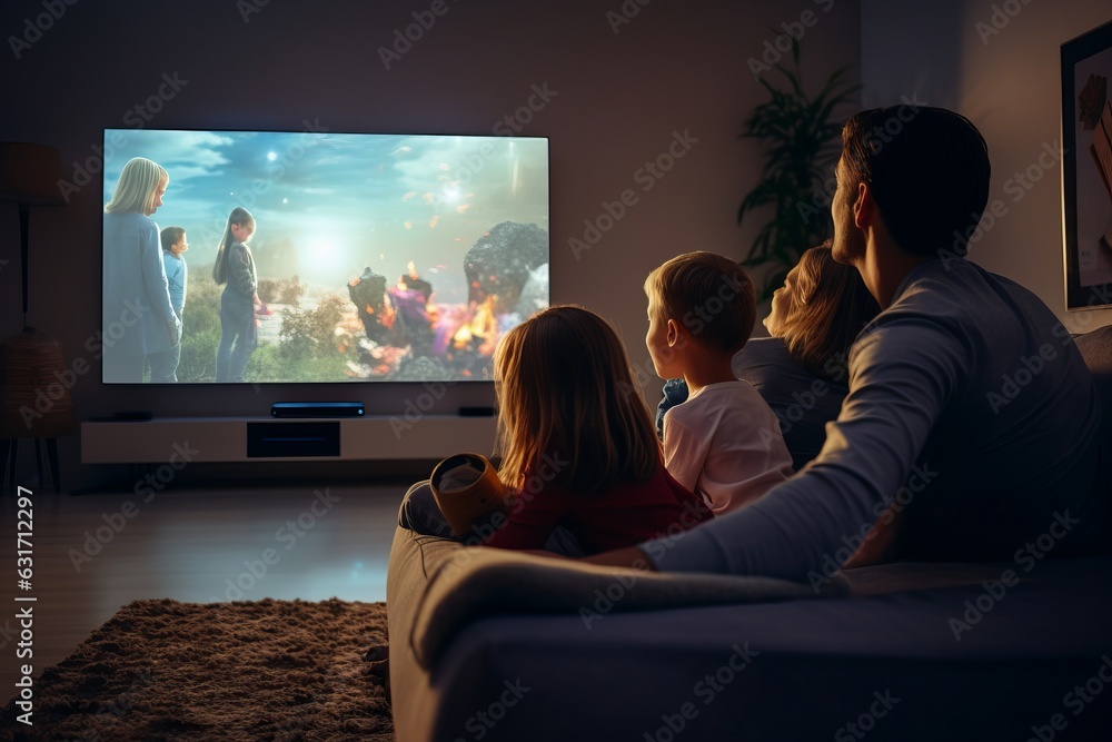 a family sitting in front of a huge flat screen television in the living-room in the evening watching a movie spending leisure time together - obrazy, fototapety, plakaty 