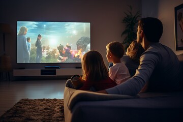 a family sitting in front of a huge flat screen television in the living-room in the evening watching a movie spending leisure time together