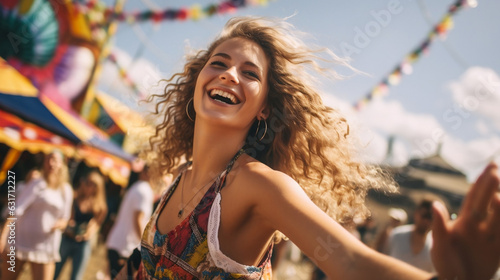 girl smiling and dancing at the festival in day time - Summer Festival Concept