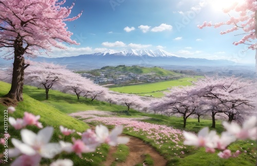 amazing spring view from the top of the mountain with falling cherry blossoms photo