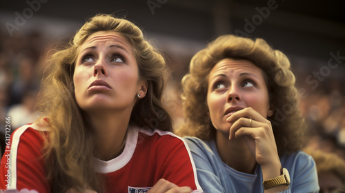 image of soccer fan girls wondering what's going to happen - 2 attractive girls scared of the game worried looking up. photo