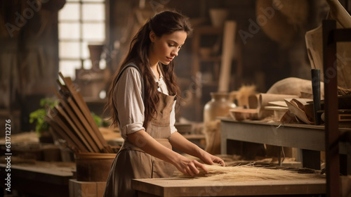 Portrait of happy young carpenter girl working in a woodworking shop, with copy space - work happiness concept
